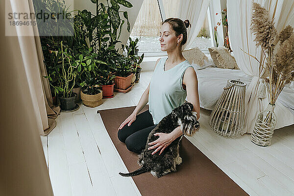 Frau praktiziert Meditation mit Schnauzer-Hund auf Gymnastikmatte zu Hause