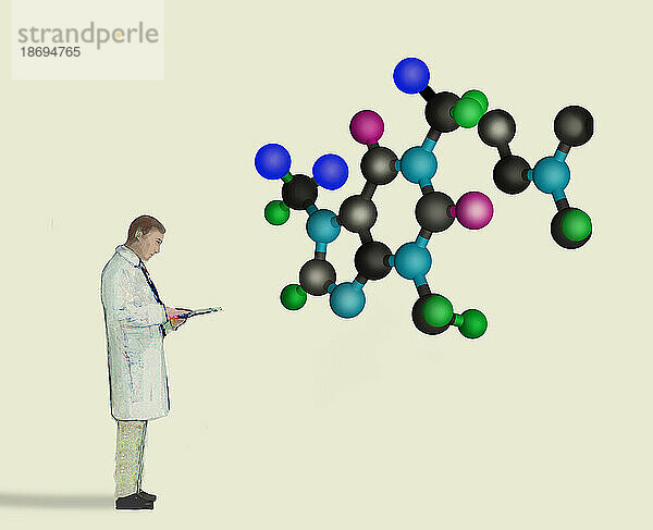 Illustration eines Wissenschaftlers  der übergroße Moleküle untersucht