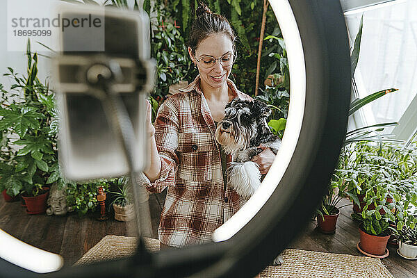Frau macht Tutorial mit Schnauzer-Hund  gesehen durch Ringlicht zu Hause