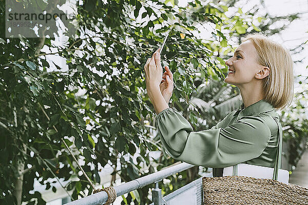 Lächelnde Frau fotografiert Pflanze per Smartphone