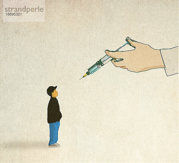 Illustration eines Jungen  der mit einer übergroßen Hand konfrontiert wird  die eine Spritze hält