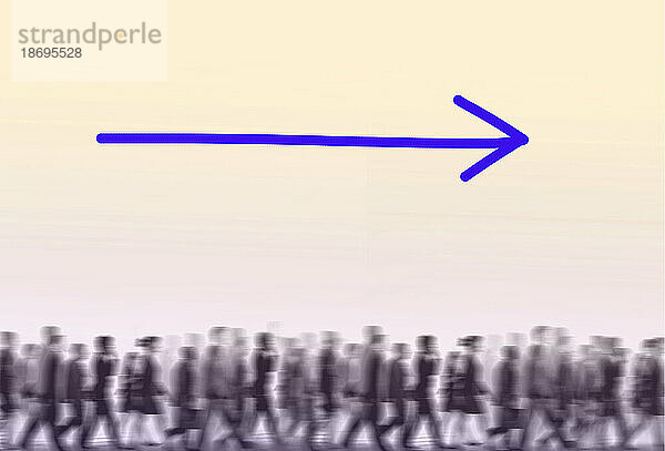 Illustration of crowd of people following directional arrow