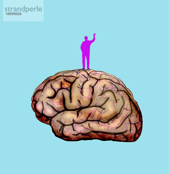 Illustration eines Mannes  der auf einem großen Gehirn steht