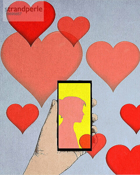 Illustration of hearts floating over hand of person holding smart phone displaying silhouette of woman