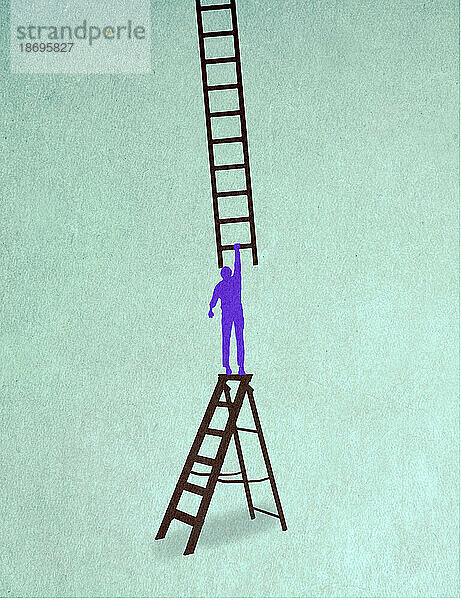 Illustration eines Mannes  der auf einer Trittleiter steht und nach einer anderen Leiter greift
