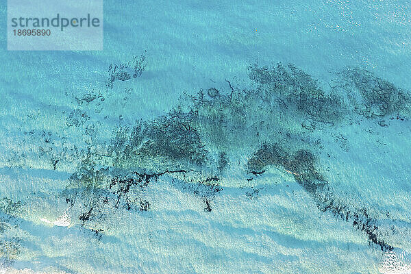 Spain  Balearic Islands  Formentera  Drone view of blue surface of Mediterranean Sea
