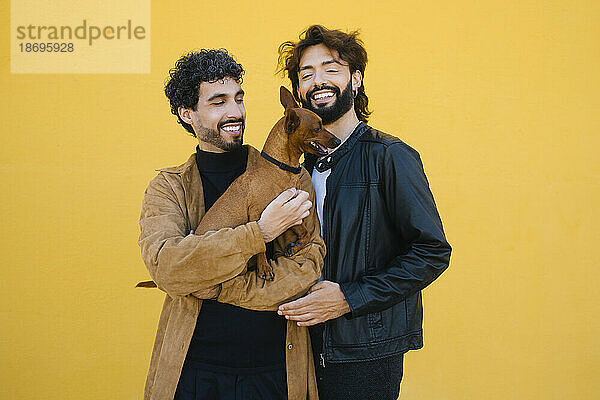 Happy gay men with dog standing against yellow background