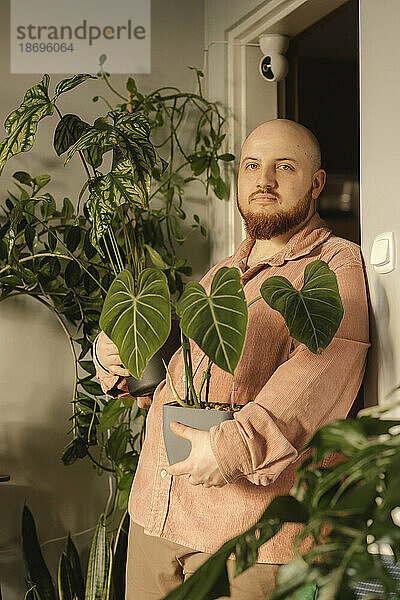 Mann hält zu Hause Topfpflanzen vor der Tür