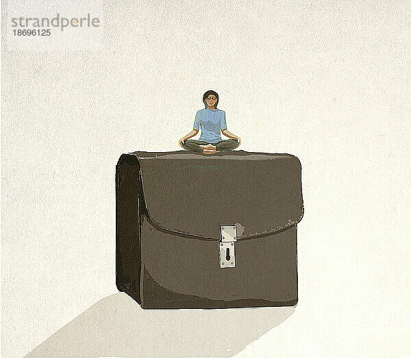 Illustration einer Frau  die auf einer übergroßen Aktentasche meditiert