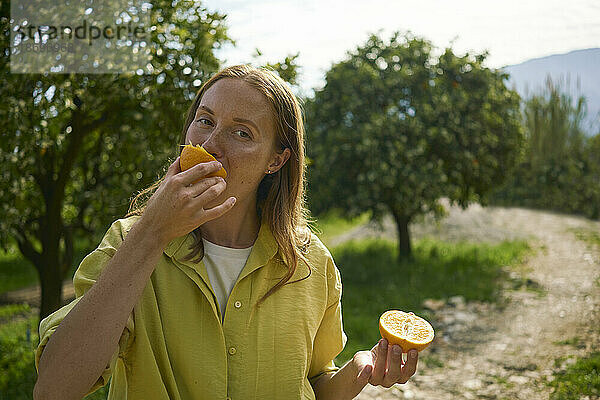 Frau isst saftige Orange im Obstgarten