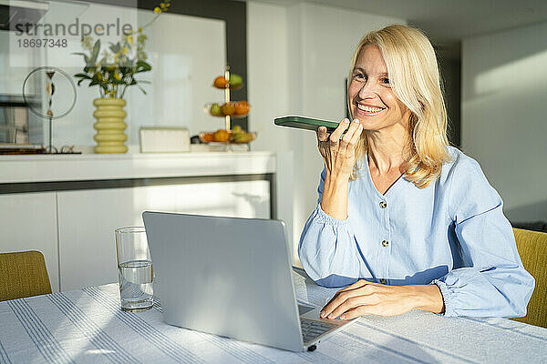 Lächelnde Frau  die am Schreibtisch im Heimbüro über die Freisprecheinrichtung und den Laptop spricht