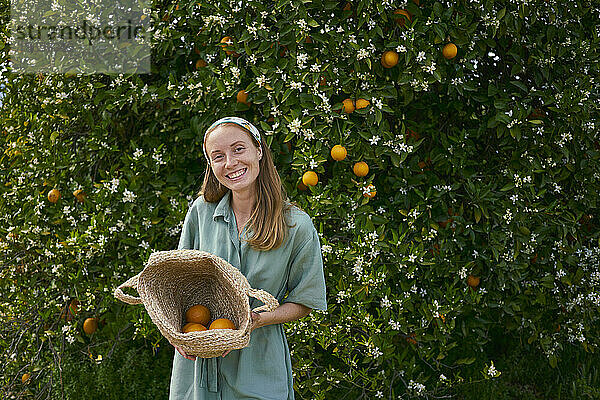 Lächelnde Frau steht mit einem Korb voller Orangen vor einem Baum im Obstgarten