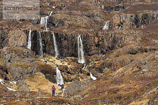 Szenische Ansicht einer Frau  die vor einer Reihe von Wasserfällen steht  die von den schroffen Klippen der Ostfjorde herabfließen und sie vor der weiten Landschaft vor ihr klein erscheinen lassen; Ostisland  Island