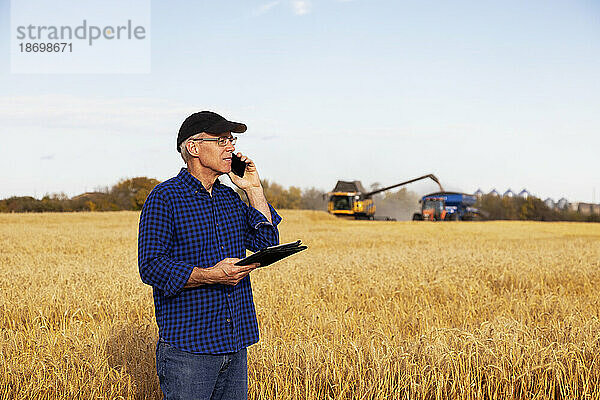 Ein Bauer nutzt ein Tablet  um seine Getreideernte zu verwalten  und spricht auf seinem Mobiltelefon  während im Hintergrund ein Mähdrescher Weizen auf einen Getreidewagen verlädt; Alcomdale  Alberta  Kanada
