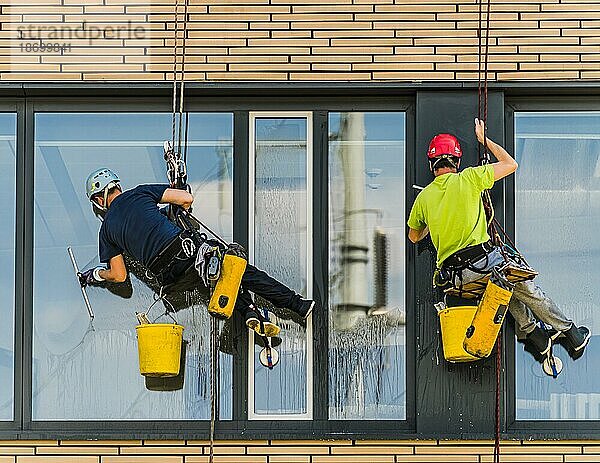 Zwei Männer putzen Fenster eines Bürogebäudes