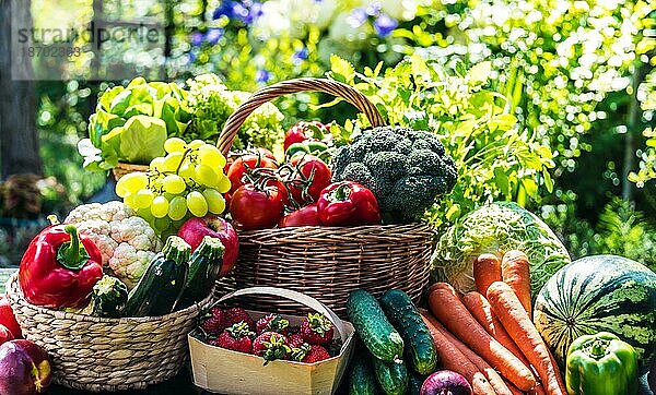 Vielfalt an frischem Biogemüse und Obst im Garten. Ausgewogene Ernährung