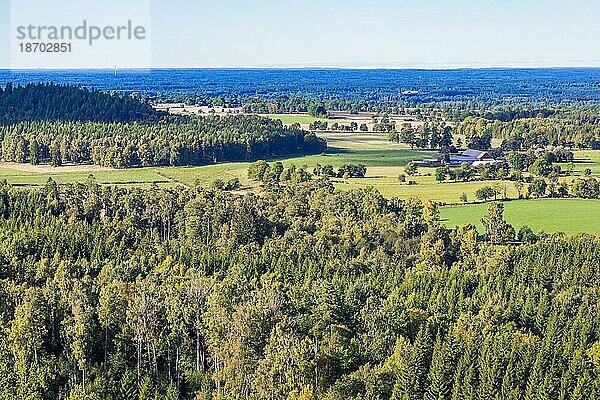 Luftaufnahme einer Landschaft mit Feldern  Bauernhöfen und Wald bis zum Horizont  Schweden  Europa