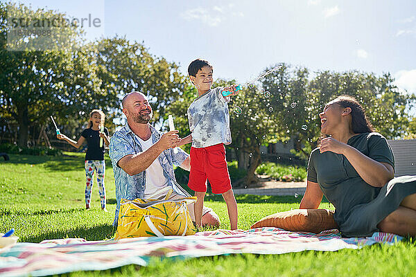 Glückliche Familie  die im sonnigen Sommerpark mit Blasen spielt