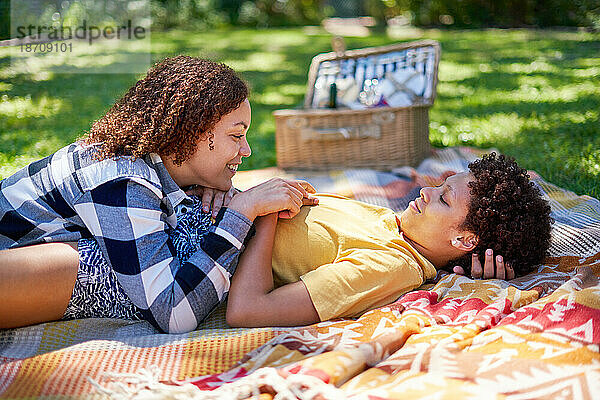Glückliches lesbisches Paar entspannt sich auf einer Picknickdecke im Sommerpark