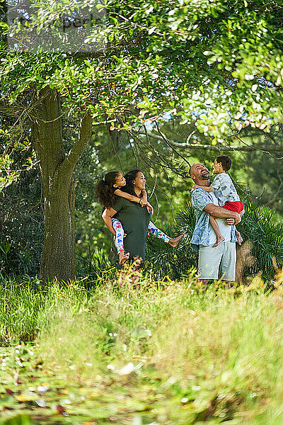 Glückliche Familie steht unter einem Baum im sonnigen Sommerpark