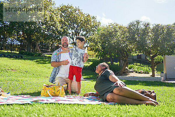 Fröhliche Familie  die sich im sonnigen Sommerpark entspannt und mit Seifenblasen spielt