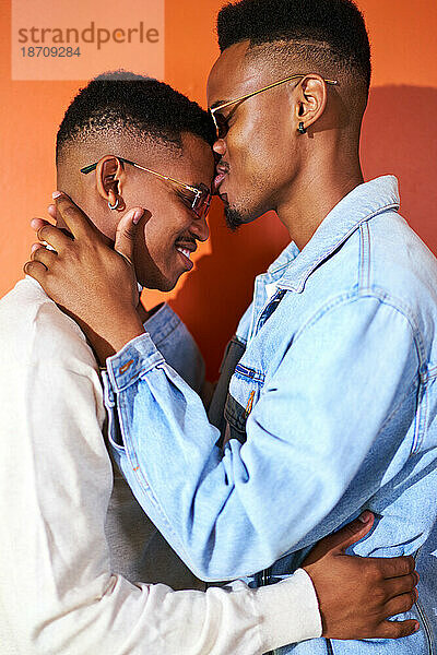 Porträt eines liebevollen jungen schwulen männlichen Paares mit Sonnenbrille  das sich küsst
