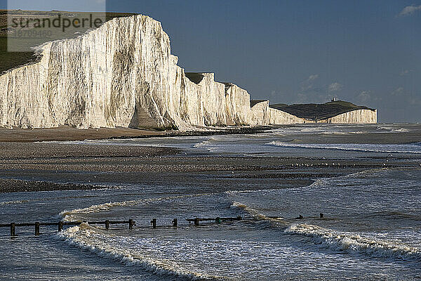 Die weißen Kreidefelsen der Seven Sisters von Cuckmere Haven  South Downs National Park  East Sussex  England  Vereinigtes Königreich  Europa