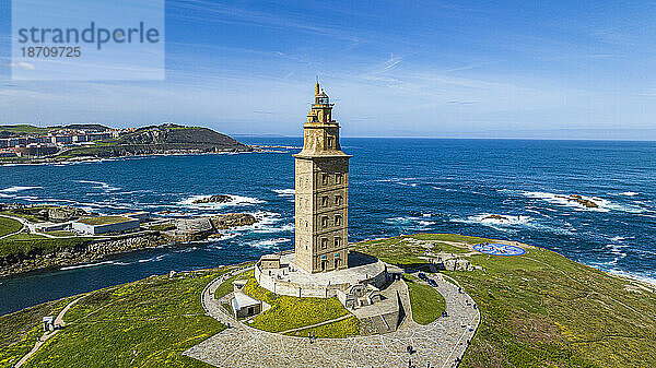 Luftaufnahme des Herkulesturms  UNESCO-Weltkulturerbe  La Coruña  Galizien  Spanien  Europa