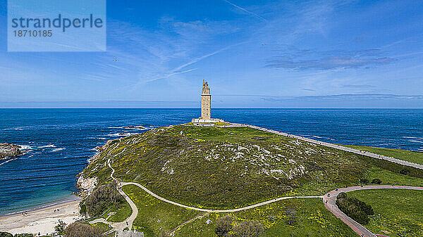 Luftaufnahme des Herkulesturms  UNESCO-Weltkulturerbe  La Coruña  Galizien  Spanien  Europa