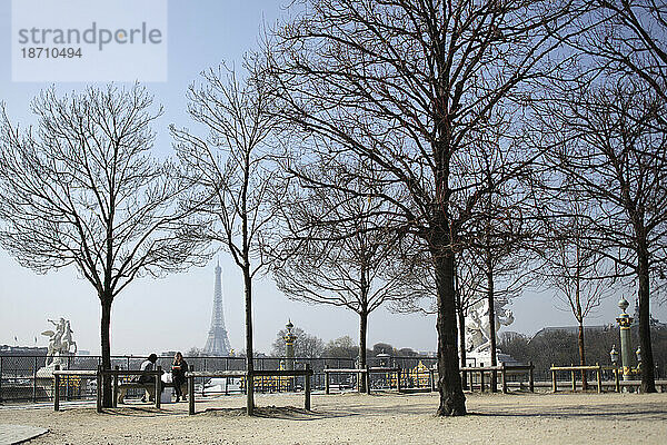 Ein Blick auf den Eiffelturm vom Jardin des Tuiliries (Tuiliries-Gärten) aus an einem schönen Spätwintertag in Paris  Frankreich