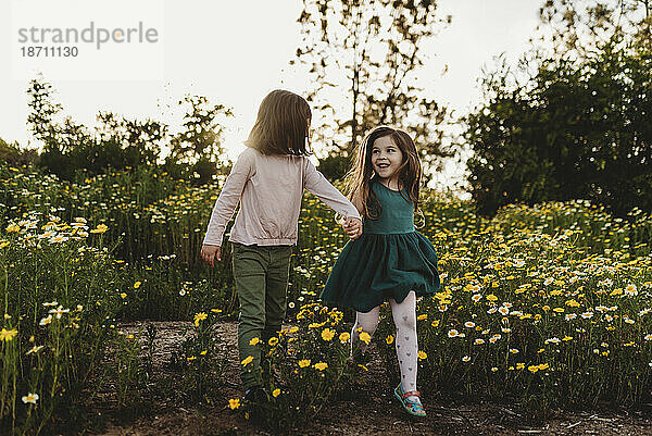 Lächelnde Schwestern laufen im Frühling durch ein Blumenfeld