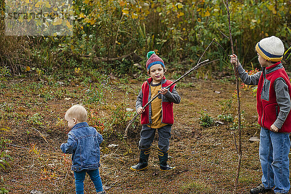 Drei kleine Jungen spielen im Herbst zusammen in einer Prärie