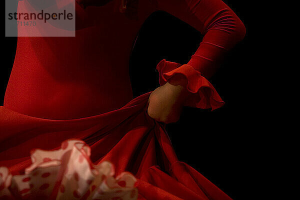Eine junge Flamenco-Studentin hält ihr Kleid während des Unterrichts in Prado del Rey  Provinz Cádiz  Andalusien  Spanien.