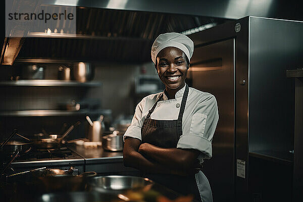 Porträt einer afrikanischen Köchin in der Restaurantküche. Generative KI.