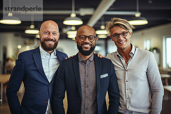 Drei lächelnde multiethnische Geschäftsleute stehen im Büro