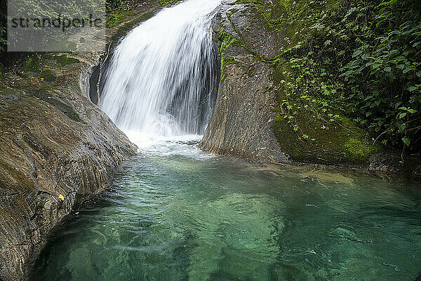 Wunderschöne Landschaft des Regenwaldes  blaues Wasser  himmlischer runder Pool