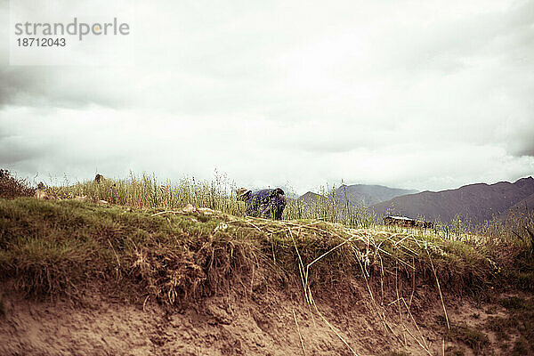 Mann arbeitet auf einem von Bergen umgebenen Feld in Peru