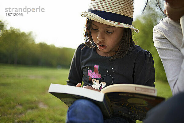 Junges asiatisches Mädchen sitzt draußen auf einem Feld und liest ein Buch