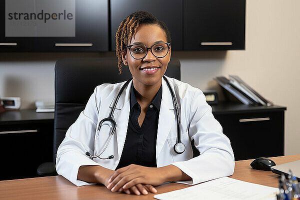 Porträt einer afrikanischen Ärztin an ihrem Schreibtisch. Generative KI.