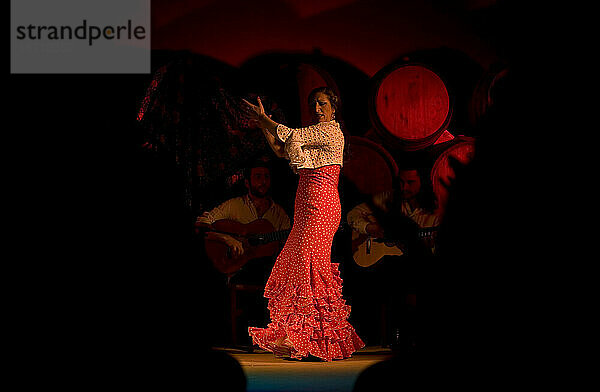 Eine Flamenco-Tänzerin oder Bailaora tritt in Prado del Rey  Provinz Cádiz  Andalusien  Spanien auf.