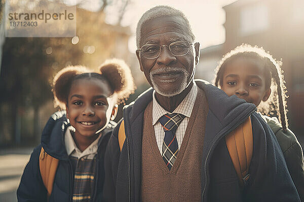 Afrikanischer Großvater bringt Enkelinnen zur Schule. Generative KI.