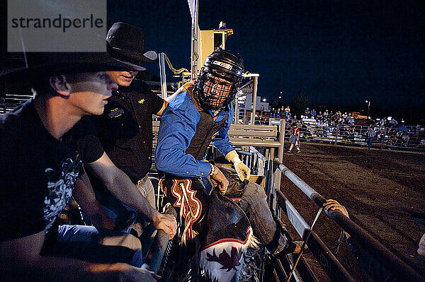 Die harte und dunkle Seite der Rodeo Cowboys: Reiter bereiten sich auf einen Bullenritt auf den Rutschen vor