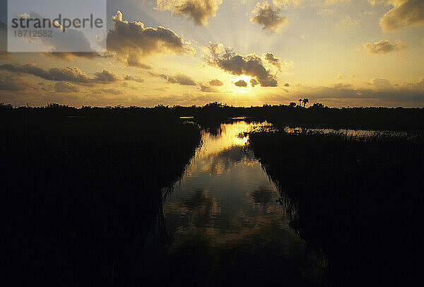Sonnenuntergang spiegelt sich in Wasserstraßen im Everglades-Nationalpark  Florida.