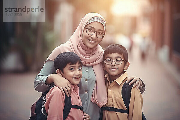 Lächelnde muslimische Mutter bringt ihre Kinder zur Schule. Generative KI.