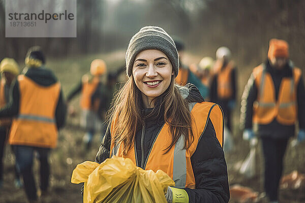 Freiwilliges Mädchen reinigt Wälder mit einem Müllsack und blickt in die Kamera.