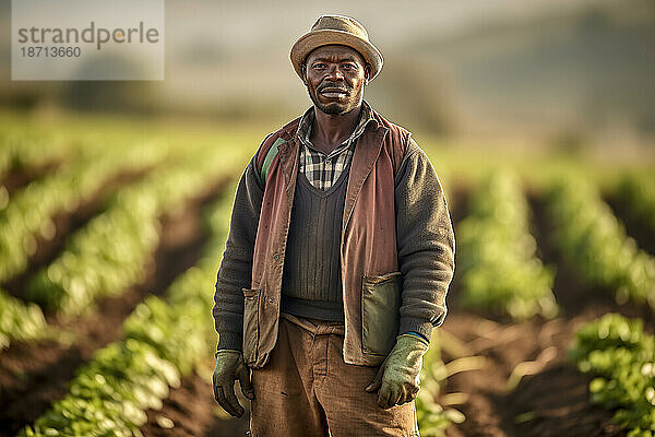 Erwachsener afrikanischer Bauer blickt in die Kamera. Generative KI