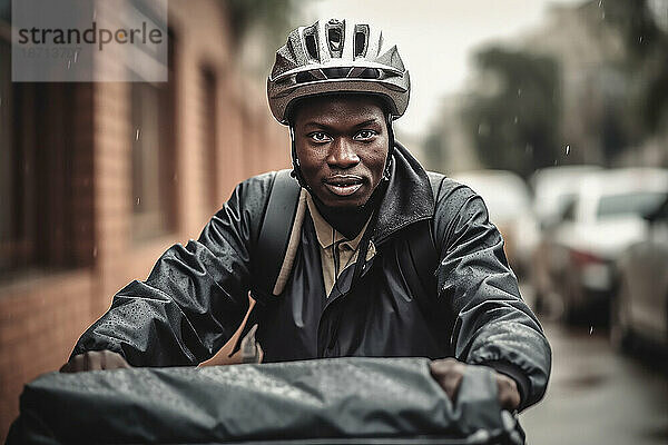Junger schwarzer Mann mit Helm  der Fahrrad fährt. GENERATIVE IA