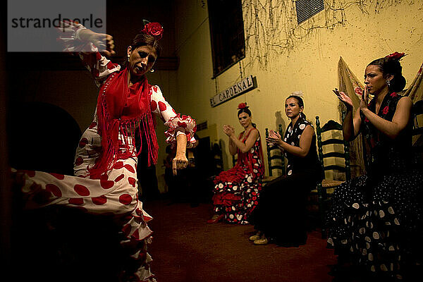 Eine Flamenco-Tänzerin oder Bailaora tanzt  während andere in Cordoba  Andalusien  Spanien  klatschen.