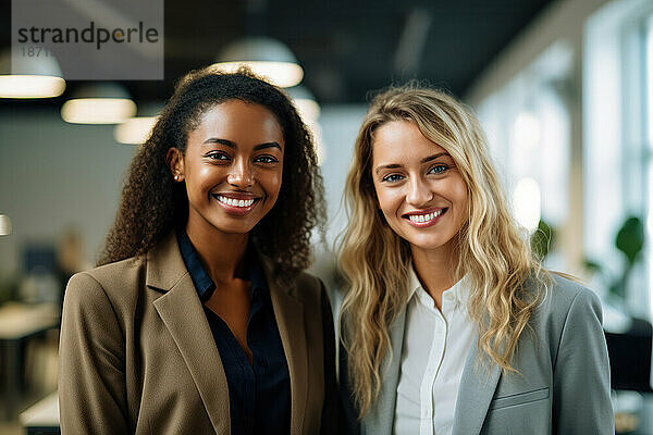Two smiling young workers standing in the office looking camera