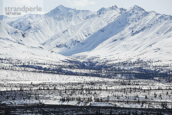 Eine kleine  schneebedeckte Straße führt vom Glenn Highway in Alaska in Richtung der Chugach Mountains.